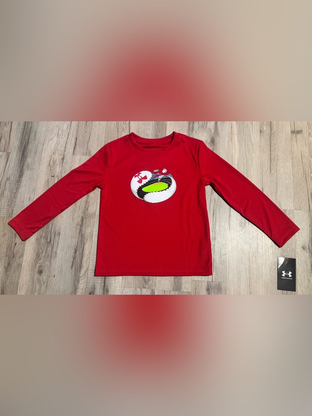 NWT Under Armour Boys Size 4 Red Long Sleeve Baseball Graphic Logo Crew Neck Tee